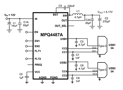 Application Circuit Diagram - Monolithic Power Systems (MPS) MPQ4487A AEC-100 Switch-Mode Buck Converters